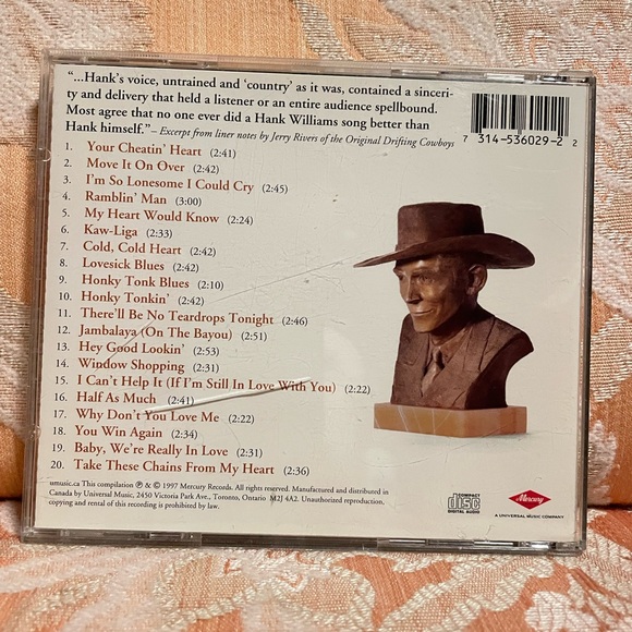 💿 Vintage Hank Williams 20 Greatest Hits 1997 Mercury Compact Disc 💿 - Picture 2 of 5
